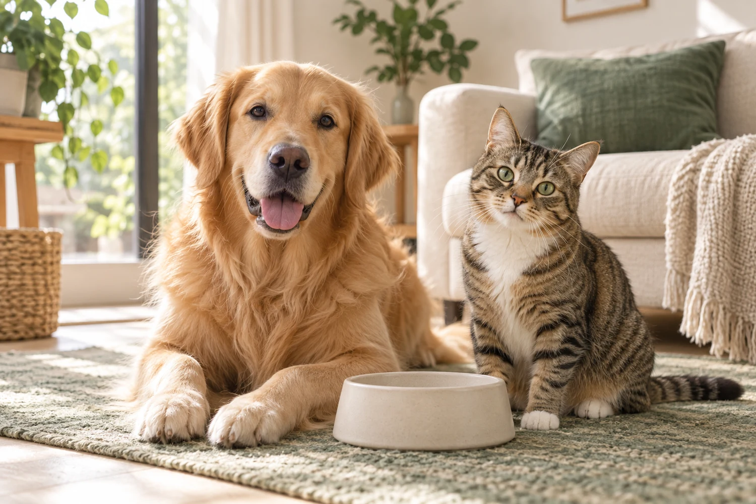 A golden retriever and tabby cat relaxing together in a warm living room